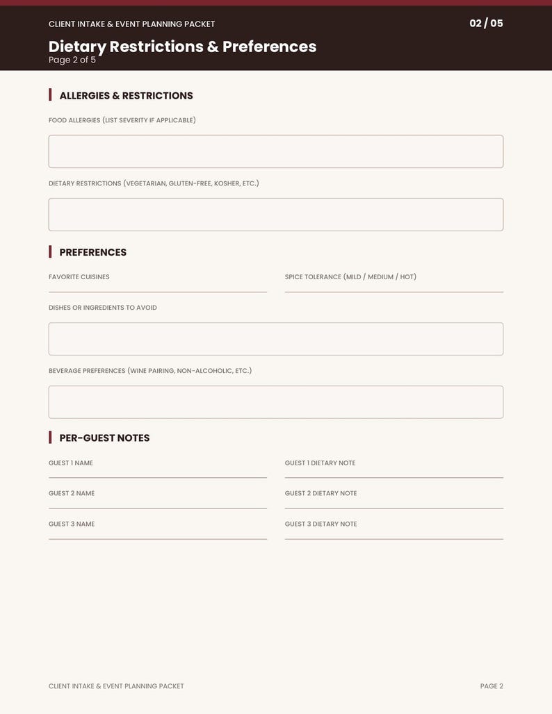 Private Chef Client Intake Form, Personal Chef Event Planning ...