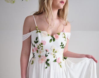 Primrose dress, romantic and colourful whimsical floral embroidery wedding dress