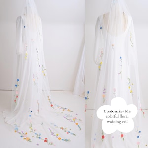 floral wedding veil with customizable colors and flowers whimsical and romantic colorful embroidery veil with wildflower garden florals