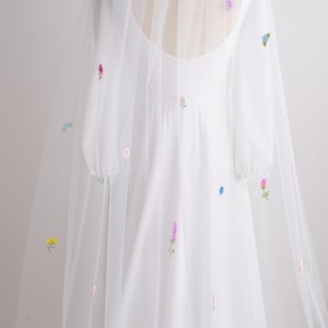 floral embroidery wedding veil with scattered whimsical wildflower garden blossoms in customizable colors