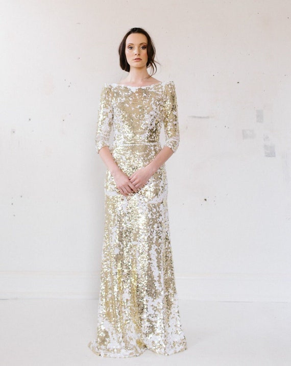 gold sparkly wedding dress Belle-inspired long or short sleeves yellow/gold sparkly wedding dress with glitter tulle