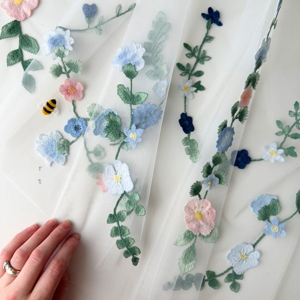 custom colours floral veil, romantic floral embroidery wedding veil, Dayflower veil, garden wedding veil