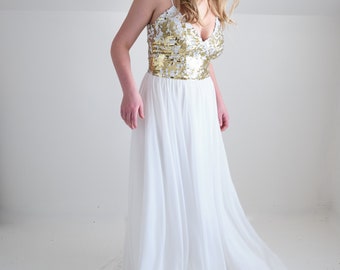 gold sequin wedding dress, gold & chiffon unique wedding dress, sequin wedding gown.