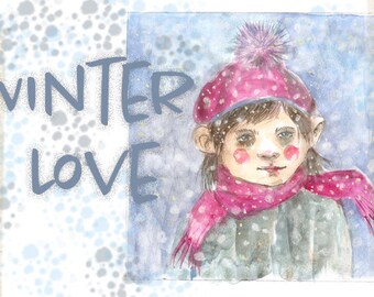 Winter-LOVE Illustration Digital A4, digital illustrations. Print file. Girl. Hobonichi. Planer. Japanstyle. Download. Stamp. Decoration.