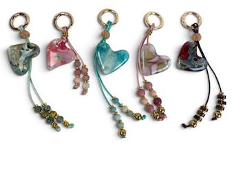 Fused Glass Heart Bag Charm or Keychain, Handmade Beaded Key Fob, Colorful Purse Accessory, Gift for Her