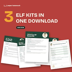 Könnte beinhalten: Ein digitales Download-Set mit drei Weihnachts-Wichtel-Kits auf rotem Hintergrund. Der Text lautet 3 ELF KITS IN ONE DOWNLOAD, 24-Day Elf Setup Plan, Elf-Size Mini Props, Christmas Elf Rescue Kit und Final Christmas Eve Report.