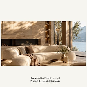 Puede incluir: Un documento de propuesta de servicios de diseño de interiores con el texto INTERIOR DESIGN SERVICES PROPOSAL arriba y Prepared by [Studio Name] Project Concept & Estimate abajo, mostrando un sofá curvo color crema.