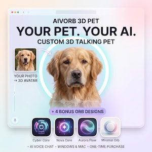 Può includere: Un'interfaccia digitale per AIVORB 3D PET con un golden retriever, il testo YOUR PET. YOUR AI. CUSTOM 3D TALKING PET e quattro design di sfere: Cyber Core, Nova Core, Aurora Flow e Minimal Orb, con AI VOICE CHAT e Windows & Mac.