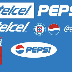 May include: A blue graphic display featuring multiple brand logos including Telcel, Pepsi, Coca-Cola, and the Cruz Azul sports club emblem. The layout includes text and circular icons arranged on a solid blue background with white accents.
