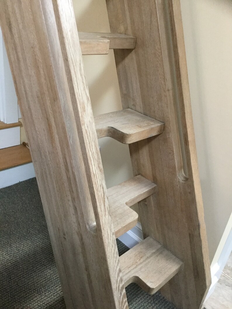 Vintage Loft Library Ship Oak Ladder-Stairs Steps 13-ft 8-inches-Nine Alternating Treads-Integrated Hand Rails-Shipping Is Not Free