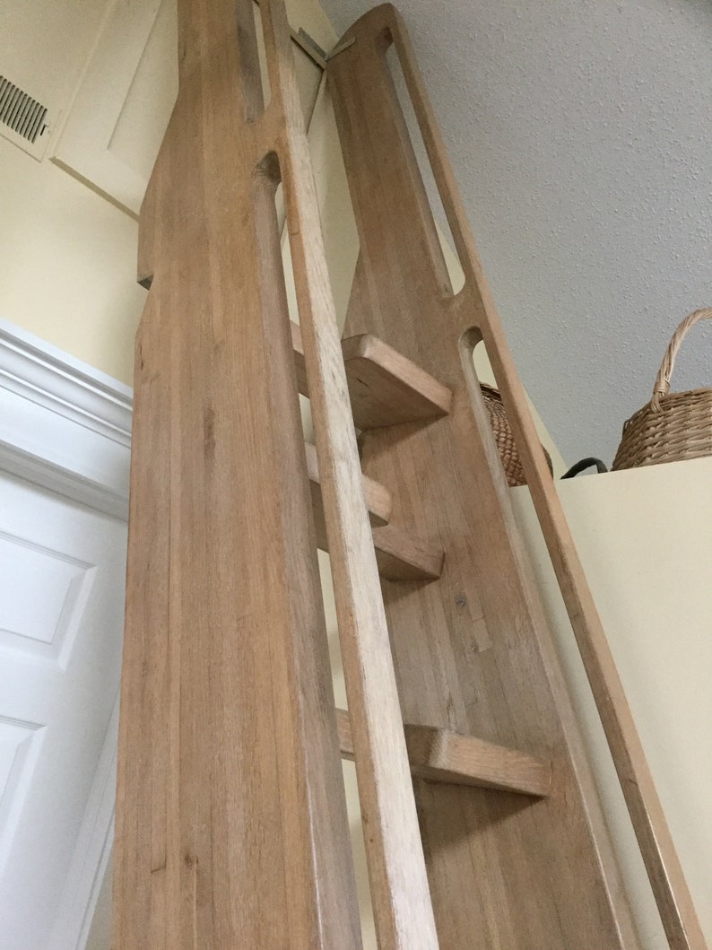 Vintage Loft Library Ship Oak Ladder-Stairs Steps 13-ft 8-inches-Nine Alternating Treads-Integrated Hand Rails-Shipping Is Not Free