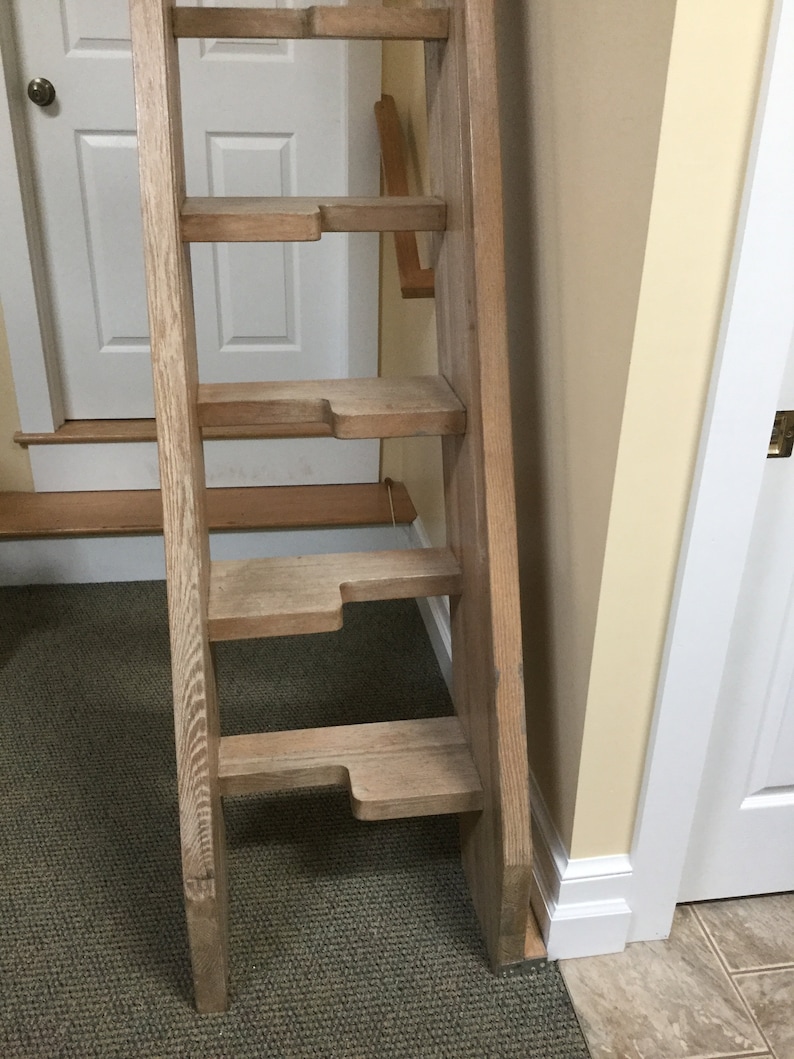 Vintage Loft Library Ship Oak Ladder-Stairs Steps 13-ft 8-inches-Nine Alternating Treads-Integrated Hand Rails-Shipping Is Not Free