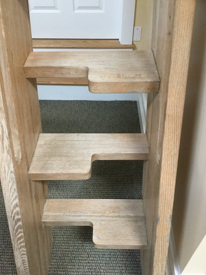 Vintage Loft Library Ship Oak Ladder-Stairs Steps 13-ft 8-inches-Nine Alternating Treads-Integrated Hand Rails-Shipping Is Not Free