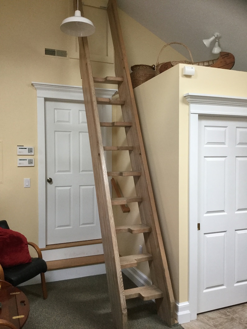 Vintage Loft Library Ship Oak Ladder-Stairs Steps 13-ft 8-inches-Nine Alternating Treads-Integrated Hand Rails-Shipping Is Not Free