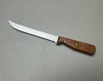 Vintage Chicago Cutlery Slicing Knife: Carbon Steel, Walnut Handle, Brass Rivets