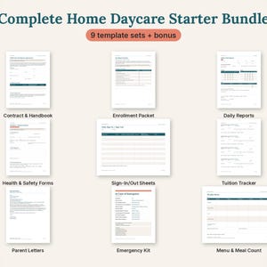 Könnte beinhalten: Eine digitale Dokumentensammlung mit dem Titel Complete Home Daycare Starter Bundle mit 9 Vorlagensets und Bonus. Enthält Formulare für Verträge, Handbücher, Anmeldungen, Tagesberichte, Gesundheit, Sicherheit, Anwesenheitslisten, Gebühren, Notfälle und Menüpläne.