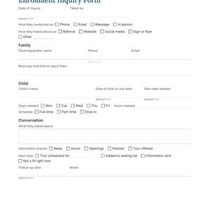Daycare Waiting List Form and Waitlist Tracker Spreadsheet, Enrollment Inquiry Form, Tour Checklist