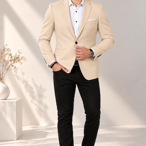 Men’s Beige Wool Blazer,Dual-button Caot, Classic Formal Blazer, Elegant Cream Wedding Jacket, Custom Made to Measure Coat