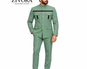 Men’s Sage Green Indo Western Suit, TR Fabric  Henting Coat and Trousers, Gold Button Designer Outfit, International Wedding Wear
