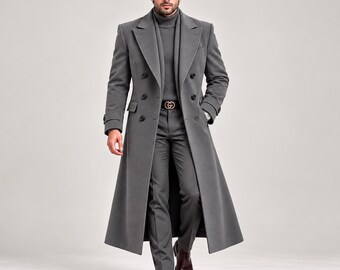 Completo da uomo in lana grigia composto da cappotto e pantaloni, cappotto lungo doppiopetto, elegante abito formale invernale, completo sartoriale a due pezzi.