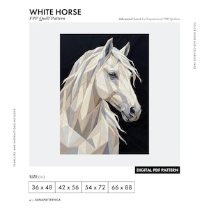 May include: A White Horse FPP quilt pattern digital PDF featuring a geometric horse head design in shades of white, cream, and grey against a black background. Includes sizes 91 x 122, 107 x 142, 137 x 183, and 168 x 224 cm for experienced quilters.