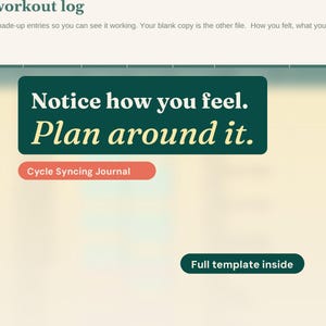 Cycle Syncing Workout Journal, Energy Mood Log, Wellness Tracker (Excel + Google Sheets)
