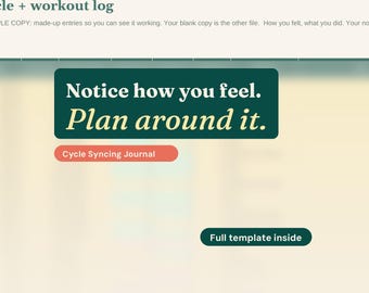 Cycle Syncing Workout Journal, Energy Mood Log, Wellness Tracker (Excel + Google Sheets)