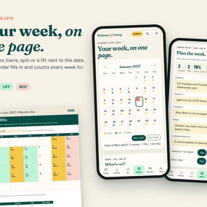 Pu&ograve; includere: Un'interfaccia di pianificazione digitale visualizzata su due smartphone e uno schermo di computer. Gli schermi mostrano un calendario di gennaio 2027, liste di attivit&agrave; e monitoraggio fitness con il testo Your week, on one page.