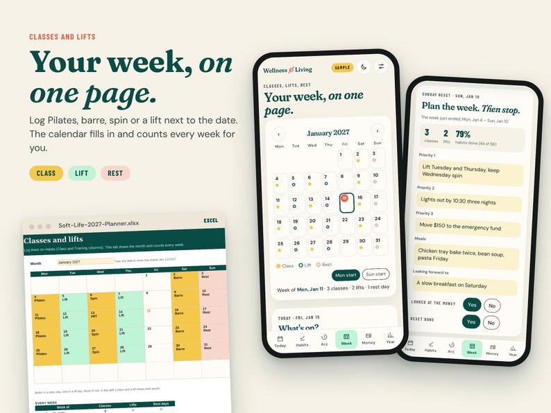 Pu&ograve; includere: Un'interfaccia di pianificazione digitale visualizzata su due smartphone e uno schermo di computer. Gli schermi mostrano un calendario di gennaio 2027, liste di attivit&agrave; e monitoraggio fitness con il testo Your week, on one page.