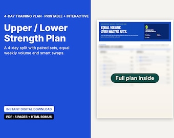 4-Day Upper/Lower Strength Workout Plan, Supersets, 45-Minute Sessions (PDF + Interactive)