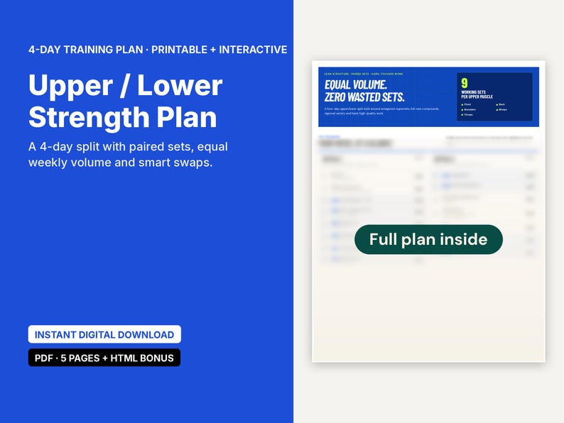 May include: A digital 4-day strength training plan document featuring the text Upper / Lower Strength Plan, Equal Volume. Zero Wasted Sets., and Full plan inside. The layout includes a blue background with white text and a 5-page PDF format.