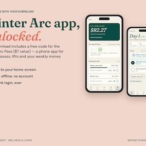 Puede incluir: Dos tel&eacute;fonos inteligentes muestran la interfaz de la aplicaci&oacute;n Winter Arc sobre un fondo rosa claro. El texto incluye Winter Arc app, unlocked, y detalles sobre un c&oacute;digo gratuito para el Winter Arc Pass, seguimiento de h&aacute;bitos y finanzas.