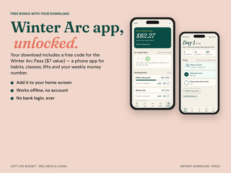 Puede incluir: Dos tel&eacute;fonos inteligentes muestran la interfaz de la aplicaci&oacute;n Winter Arc sobre un fondo rosa claro. El texto incluye Winter Arc app, unlocked, y detalles sobre un c&oacute;digo gratuito para el Winter Arc Pass, seguimiento de h&aacute;bitos y finanzas.