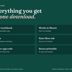 May include: A dark green digital download information graphic titled Everything you get in one download. It lists features including an Excel workbook, Google Sheets compatibility, three tabs, a Start Here tab, app code, and a printable 14-day mini tracker.
