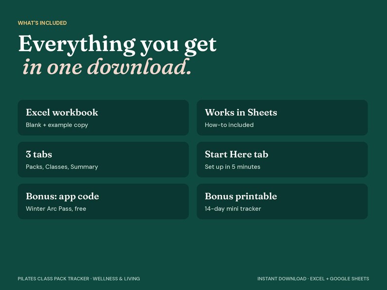 May include: A dark green digital download information graphic titled Everything you get in one download. It lists features including an Excel workbook, Google Sheets compatibility, three tabs, a Start Here tab, app code, and a printable 14-day mini tracker.