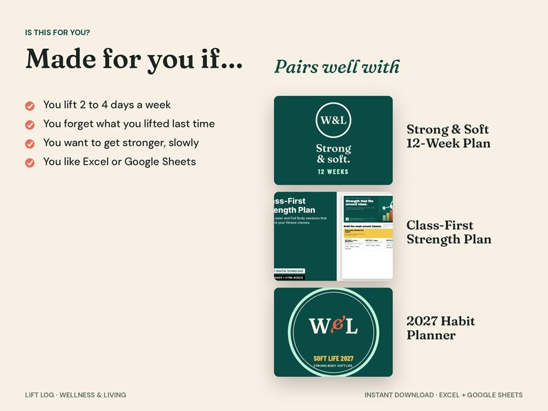 以下が含まれることがあります： Made for you ifというテキストが記載されたデジタルフィットネス計画ガイド。ウェイトリフティングの基準がリストアップされており、Strong & Soft 12-Week Plan、Class-First Strength Plan、2027 Habit Plannerとラベル付けされた3枚の製品カードが表示されています。