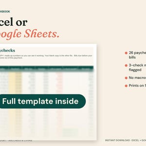 May include: An Excel workbook template for Excel or Google Sheets featuring a 26 paychecks budget tracker. The digital document includes a blurred spreadsheet view with a dark green button labeled Full template inside and a list of features.