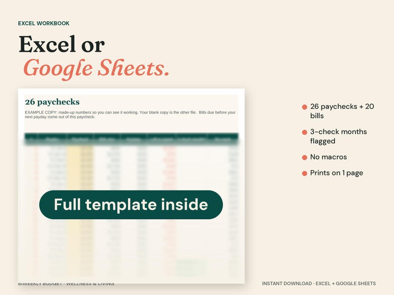 May include: An Excel workbook template for Excel or Google Sheets featuring a 26 paychecks budget tracker. The digital document includes a blurred spreadsheet view with a dark green button labeled Full template inside and a list of features.
