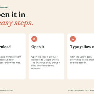 以下が含まれることがあります： Open it in 3 easy stepsというタイトルの説明用グラフィック。3つの番号付きステップ（1. Download、2. Open it、3. Type yellow cells）で構成され、デジタルスプレッドシートファイルの使用方法に関する簡潔な手順が記載されています。