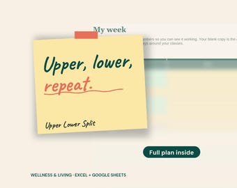 4-Day Upper/Lower Split Workout Plan, Strength Training Tracker (Excel/Google Sheets)