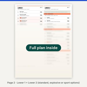 May include: A workout plan document titled Lower 1 and Lower 2, featuring lists of exercises like back squat, Romanian deadlift, leg extension, seated leg curl, deadlift, and leg press. A dark green oval overlay displays the text Full plan inside.