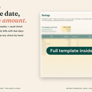 May include: A digital budget template featuring the text Set it once, One date, one amount, and a blurred spreadsheet preview with a dark green button labeled Full template inside. The layout includes bullet points and text for financial planning.