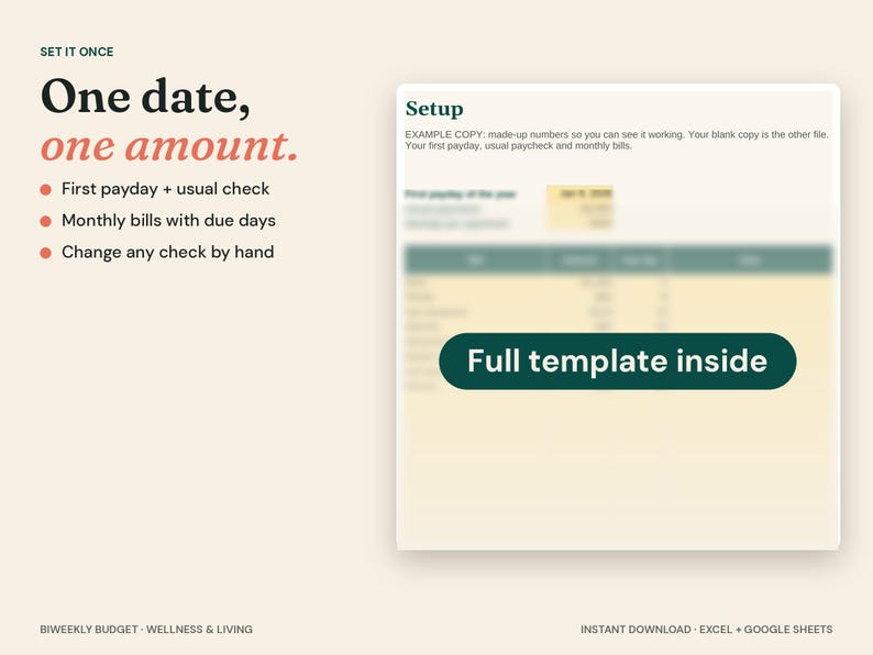 May include: A digital budget template featuring the text Set it once, One date, one amount, and a blurred spreadsheet preview with a dark green button labeled Full template inside. The layout includes bullet points and text for financial planning.
