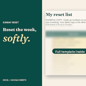 Sunday Reset Checklist Printable, Weekly Routine Planner, 52-Week Log (Excel/Google Sheets)
