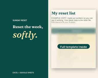 日曜日のリセットチェックリスト（印刷可能）、週間ルーティンプランナー、52週間ログ（Excel/Googleスプレッドシート）