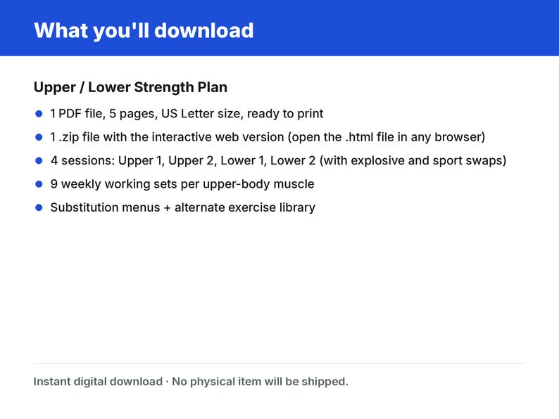 May include: A digital document titled What you'll download for an Upper / Lower Strength Plan. It lists 1 PDF file, 5 pages, US Letter size, 1 zip file with an interactive web version, 4 sessions, 9 weekly working sets, and substitution menus.