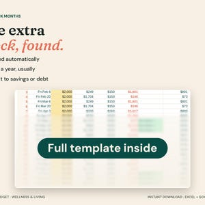 May include: A digital budget template graphic featuring the text 3-PAYCHECK MONTHS, The extra check, found., Flagged automatically, Twice a year, usually, Send it to savings or debt, and a blurred spreadsheet table with a dark green button labeled Full template inside.