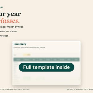 May include: A digital Pilates class pack tracker template featuring the text Your Rhythm, Your year in classes, Classes per month by type, No streaks, no shame, Pick any year, Summary, and Full template inside on a cream background.