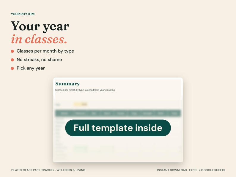 May include: A digital Pilates class pack tracker template featuring the text Your Rhythm, Your year in classes, Classes per month by type, No streaks, no shame, Pick any year, Summary, and Full template inside on a cream background.