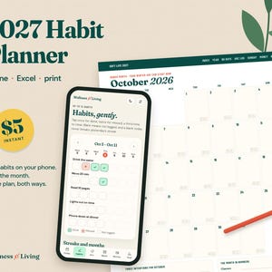 Pu&ograve; includere: Un pianificatore di abitudini 2027 che include uno smartphone che mostra un'interfaccia di app per il monitoraggio delle abitudini e una pagina di calendario mensile stampata per ottobre 2026 con una matita rossa, marchiato Wellness Living.